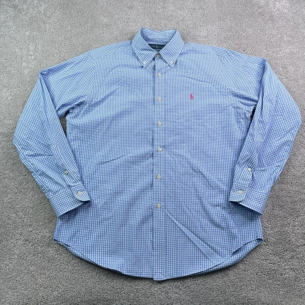 Ralph Lauren Shirt Mens Medium Blue Gingham Classic Fit Button Down Pony Logo